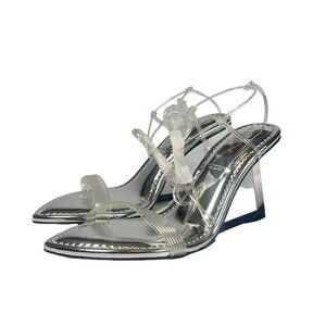 Good American Wms Size 8.5 Silver Ankle Strap Clear Wedge Sandal GA080V-X NEW‎